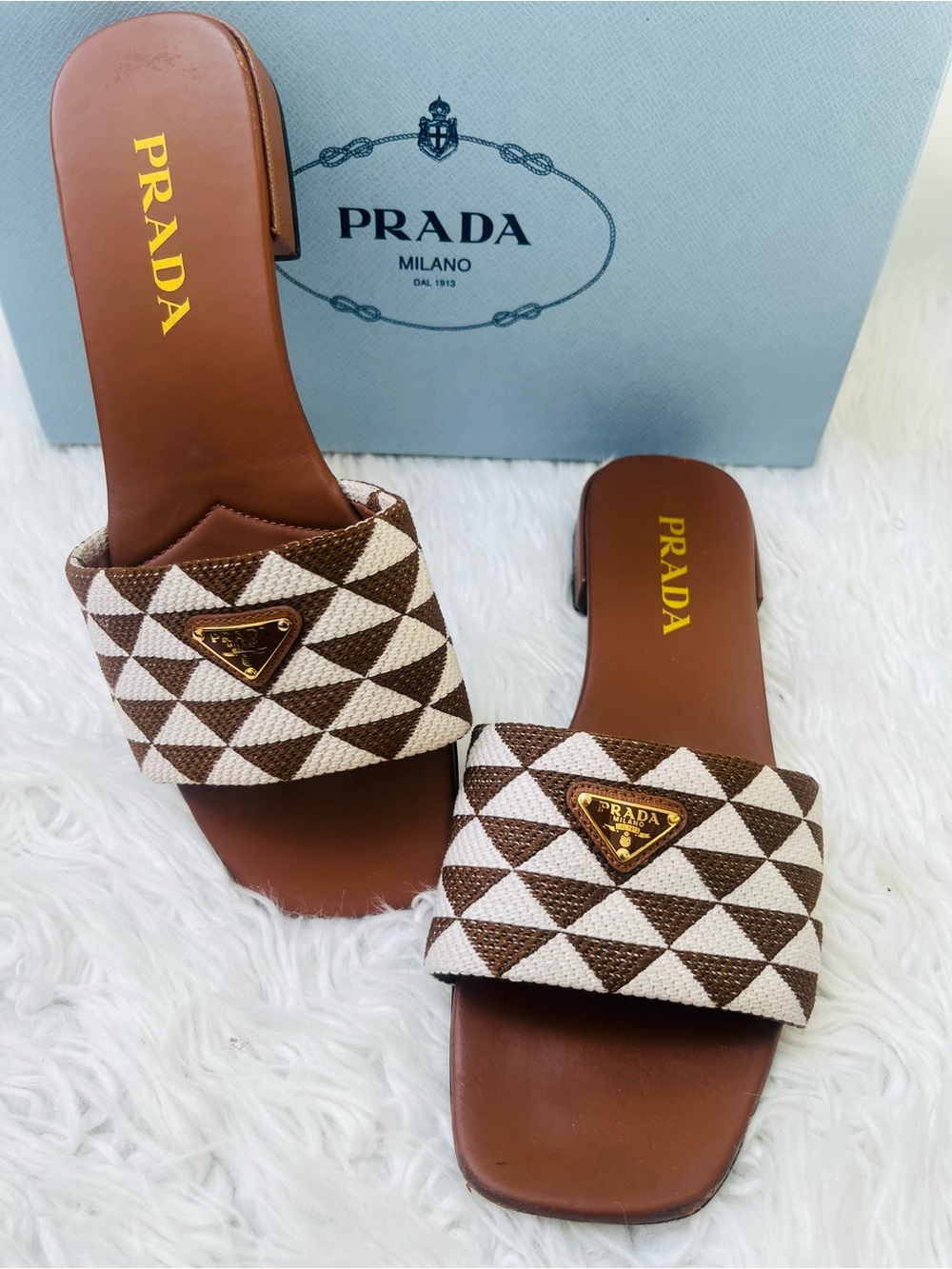 Prada Brown & Cream Geometric Canvas Slide Sandals